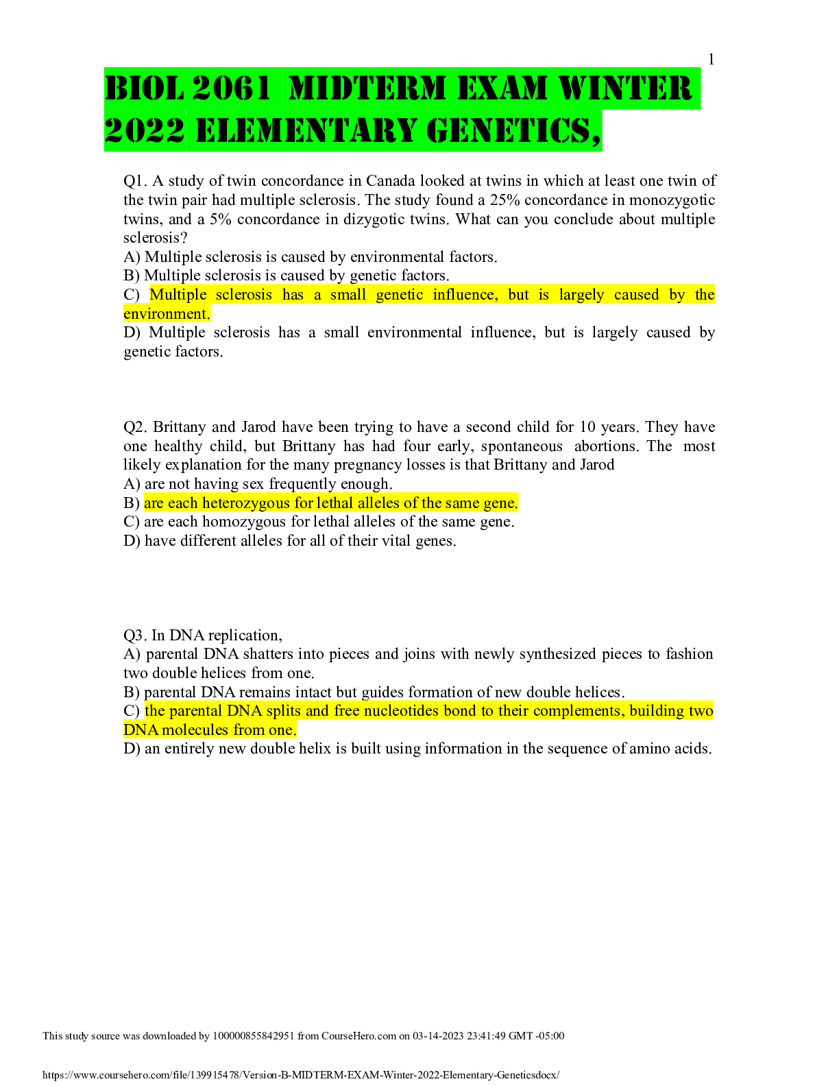 Preview image of BIOL 2061  MIDTERM EXAM Winter 2022 Elementary Genetics, document